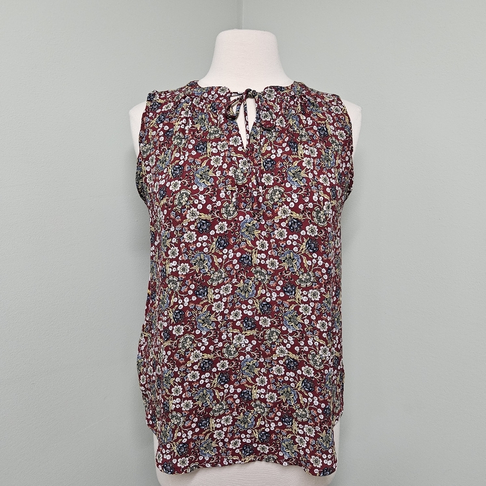 LOFT Womens Top Blouse Burgundy Cabernet Sleeveless Floral Casual Work Size Med
